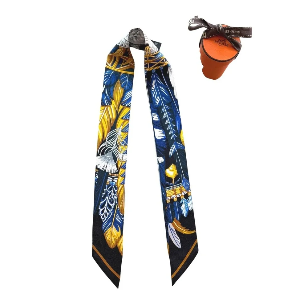 Hermes Silk Twilly Scarf Feathers Blue Gold Noir w/ Box Made in France - Picture 2 of 8